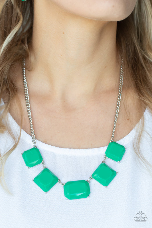 Instant Mood Booster Green Necklace - Paparazzi Accessories  Varying in shape, faceted Mint acrylic frames delicately link below the collar, creating a refreshing display. Features an adjustable clasp closure.  All Paparazzi Accessories are lead free and nickel free!  Sold as one individual necklace. Includes one pair of matching earrings.