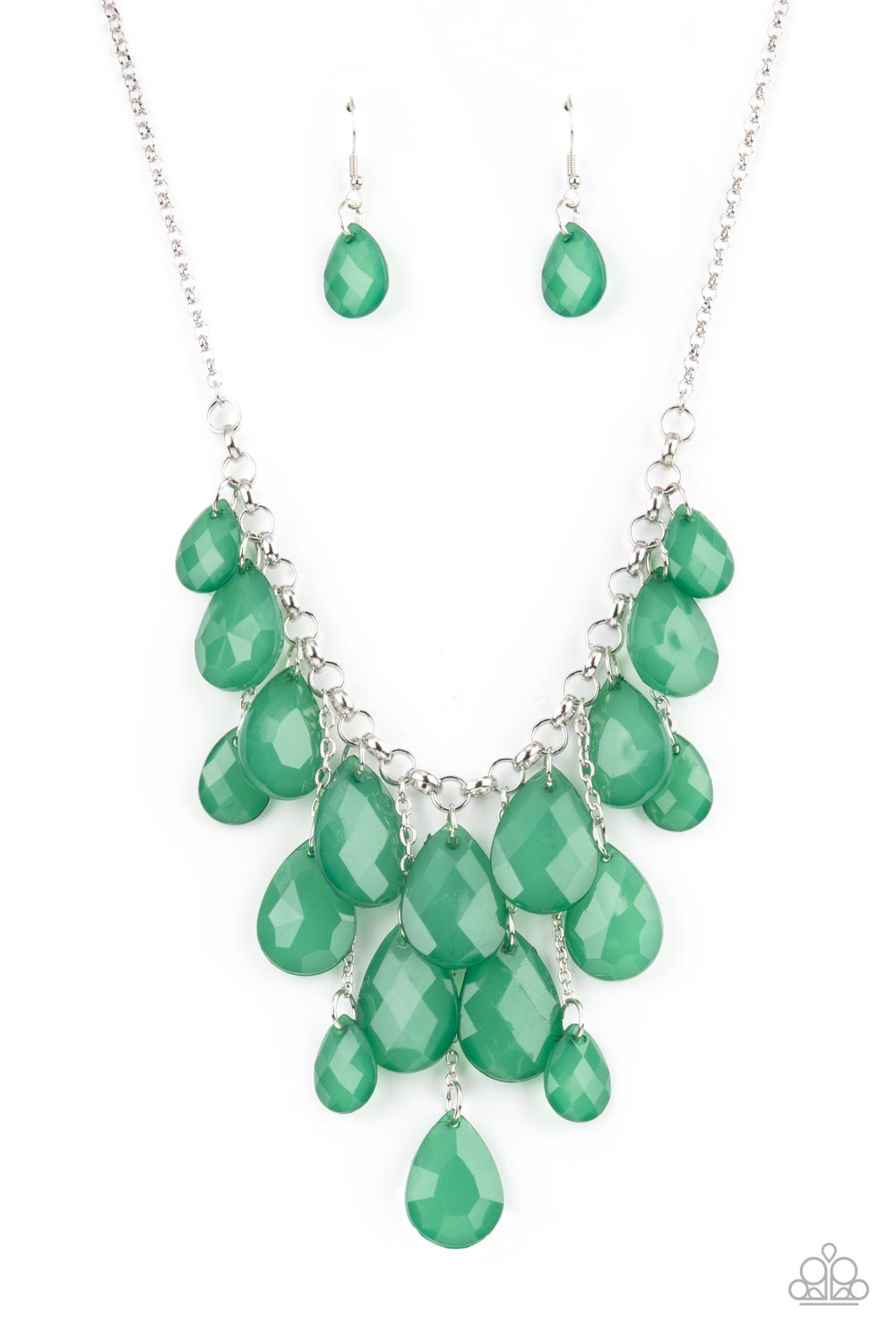 Front Row Flamboyance Green Necklace - Paparazzi Accessories  Varying in size, an opaque collection of faceted Leprechaun teardrops trickle along a chunky silver chain. Infused with dainty silver chains, additional teardrop beads swing from the effervescent fringe at varying lengths for a glamorous finish. Features an adjustable clasp closure.  Sold as one individual necklace. Includes one pair of matching earrings.