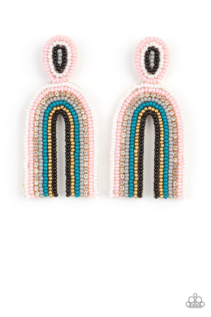 Rainbow Remedy Multi Seed Bead Earring - Paparazzi Accessories  Infused with a single row of glassy white rhinestones, dainty strands of white, pink, gray, blue, gold, and black seeds stack into a colorful rainbow at the bottom of a matching seed beaded fitting. Earring attaches to a standard post fitting.  Sold as one pair of post earrings.