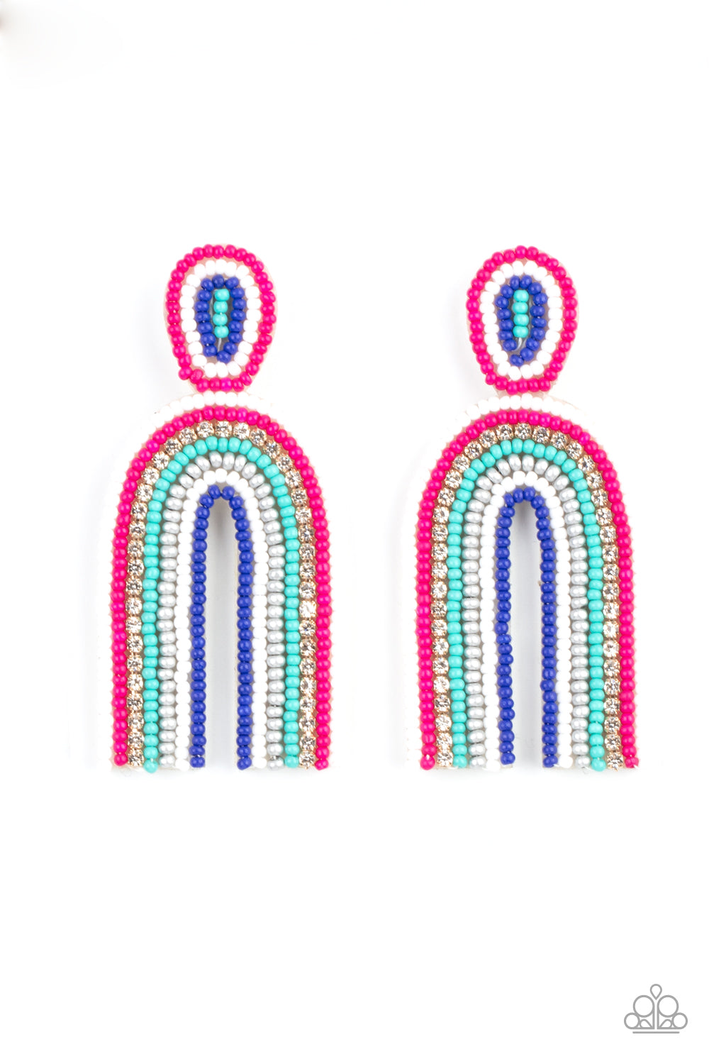 Rainbow Remedy Multi Seed Bead Earring - Paparazzi Accessories  Infused with a single row of glassy white rhinestones, dainty strands of white, pink, turquoise, silver, and blue seed beads stack into a colorful rainbow at the bottom of a matching seed beaded fitting. Earring attaches to a standard post fitting.  Sold as one pair of post earrings.