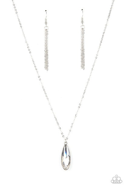 Prismatically Polished White Necklace - Paparazzi Accessories  Encased in a sleek silver fitting, an elongated white teardrop gem swings from the bottom of a classic silver chain below the collar for a timeless elegance. Features an adjustable clasp closure.  Sold as one individual necklace. Includes one pair of matching earrings.