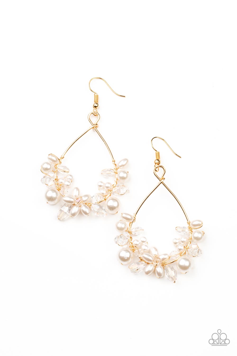 Marina Banquet Gold Earring - Paparazzi Accessories Item #P5RE-GDXX-234XX A bubbly collection of white pearls and white crystal-like beads are threaded along the bottom of a dainty gold wire hoop, creating twinkly floral accents. Earring attaches to a standard fishhook fitting.  Sold as one pair of earrings.