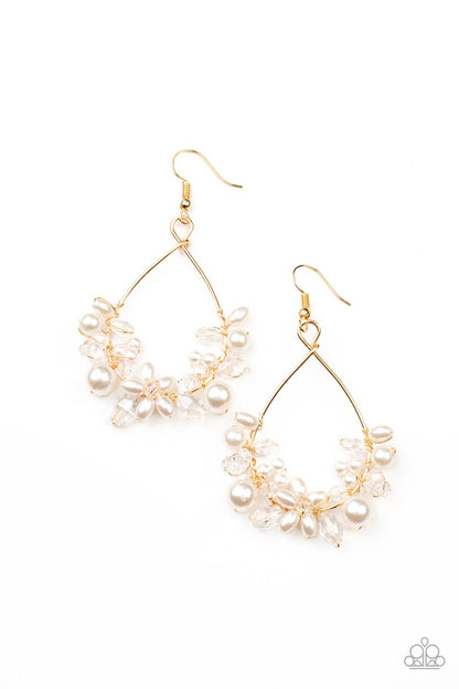 Marina Banquet Gold Earring - Paparazzi Accessories Item #P5RE-GDXX-234XX A bubbly collection of white pearls and white crystal-like beads are threaded along the bottom of a dainty gold wire hoop, creating twinkly floral accents. Earring attaches to a standard fishhook fitting.  Sold as one pair of earrings.