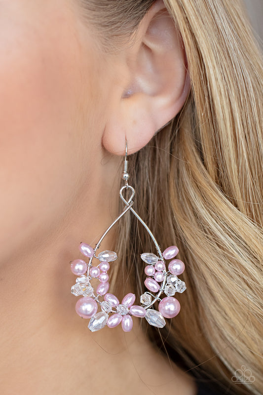 Marina Banquet Pink Earring - Paparazzi Accessories  A bubbly collection of pink pearls and white crystal-like beads are threaded along the bottom of a dainty wire hoop, creating twinkly floral accents. Earring attaches to a standard fishhook fitting.  Sold as one pair of earrings.