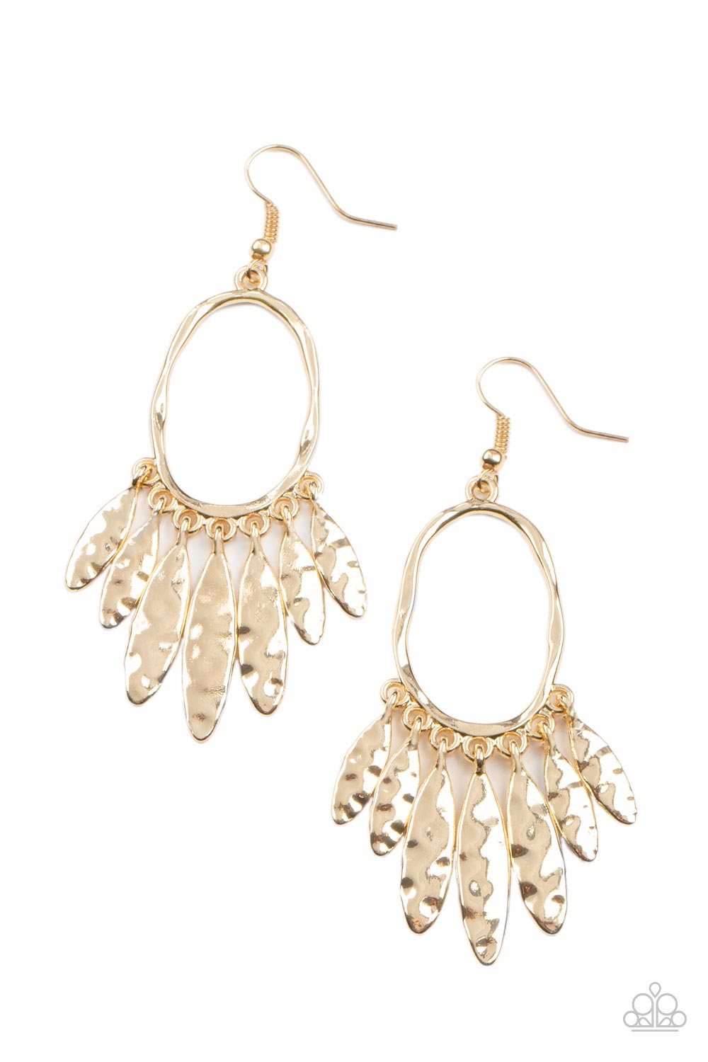 Artisan Aria Gold Earring - Paparazzi Accessories  A tapered fringe of hammered gold oval frames swing from the bottom of a hammered oval hoop, creating a musical fringe. Earring attaches to a standard fishhook fitting.  Sold as one pair of earrings.
