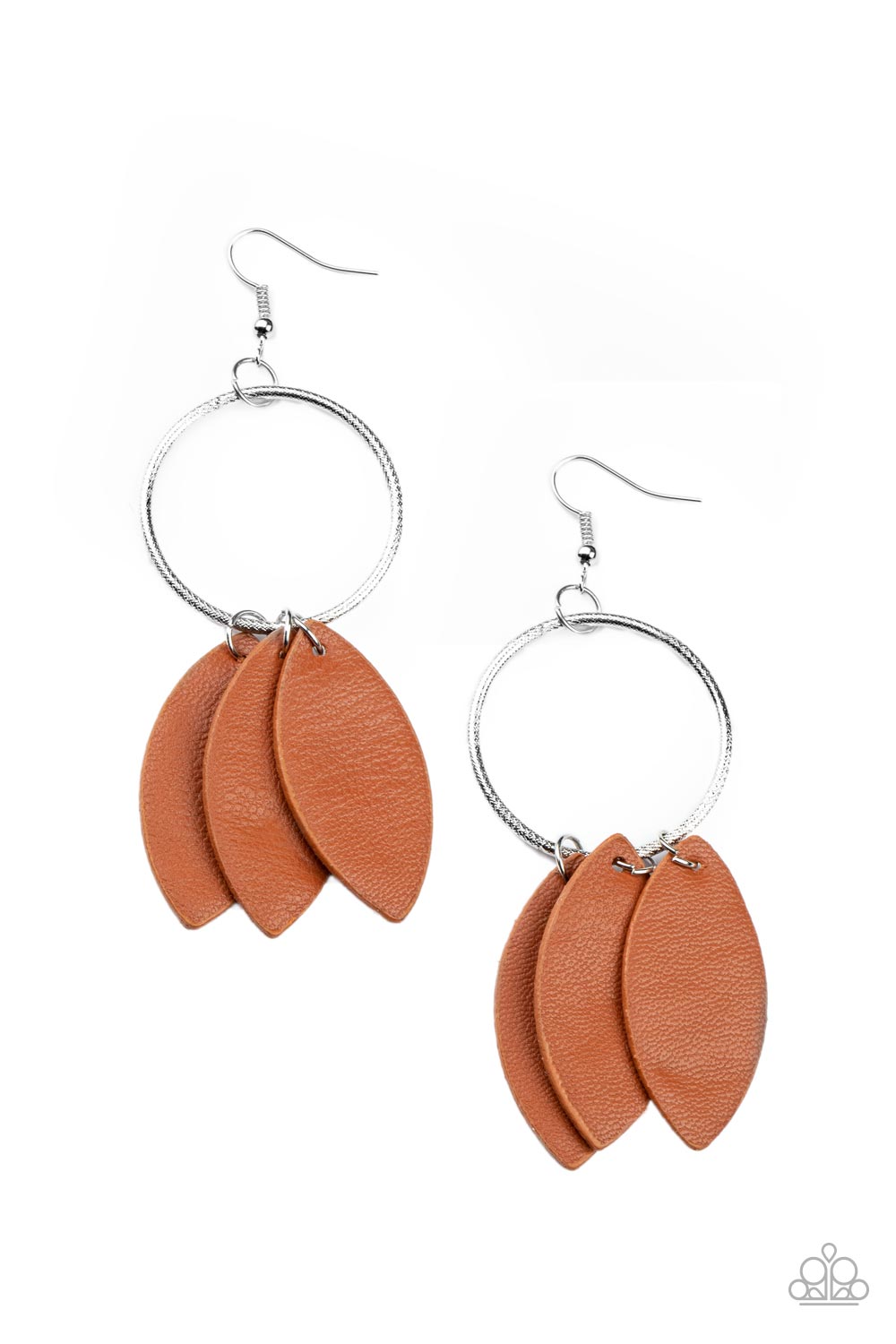 Leafy Laguna Brown Leather Earring - Paparazzi Accessories  Leafy Adobe leather frames swing from the bottom of a textured silver hoop, creating an earthy fringe. Earring attaches to a standard fishhook fitting.  All Paparazzi Accessories are lead free and nickel free!  Sold as one pair of earrings.