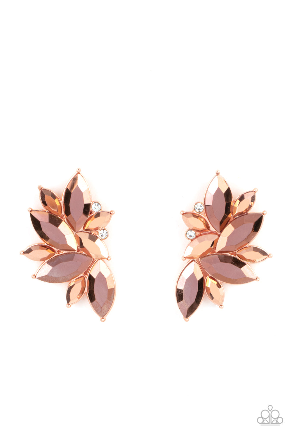 Instant Iridescence Copper Earring - Paparazzi Accessories  Infused with dainty white rhinestones, a stellar display of coppery aurum marquise cut rhinestones fan out into a spectacular centerpiece. Earring attaches to a standard post fitting.  Sold as one pair of post earrings.