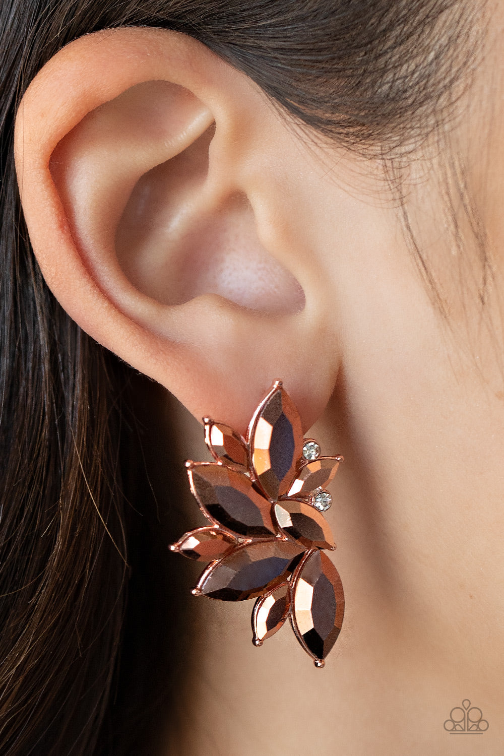 Instant Iridescence Copper Earring - Paparazzi Accessories  Infused with dainty white rhinestones, a stellar display of coppery aurum marquise cut rhinestones fan out into a spectacular centerpiece. Earring attaches to a standard post fitting.  Sold as one pair of post earrings.