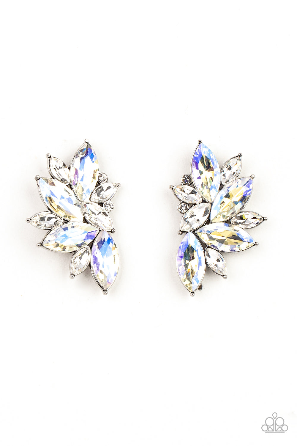 Instant Iridescence White Earring - Paparazzi Accessories  Infused with dainty white rhinestones, a stellar display of iridescent and white marquise cut rhinestones fan out into a spectacular centerpiece. Earring attaches to a standard post fitting.  Sold as one pair of post earrings.