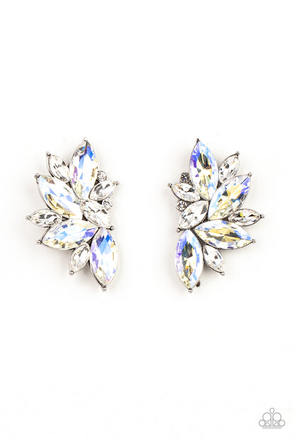 Instant Iridescence White Earring - Paparazzi Accessories  Infused with dainty white rhinestones, a stellar display of iridescent and white marquise cut rhinestones fan out into a spectacular centerpiece. Earring attaches to a standard post fitting.  Sold as one pair of post earrings.