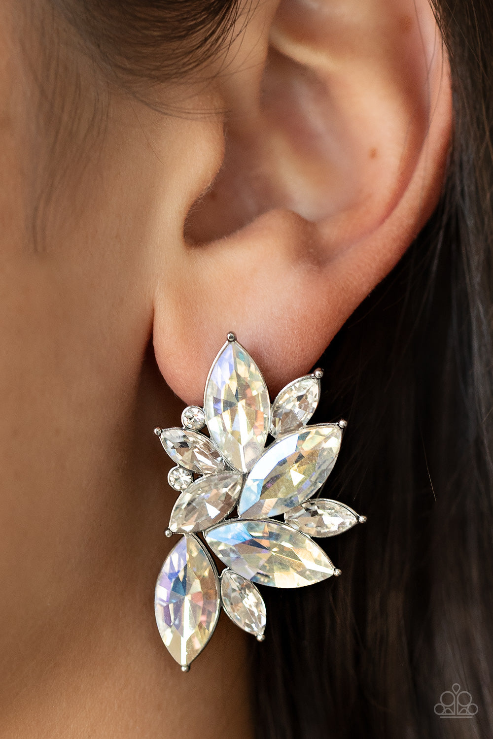 Instant Iridescence White Earring - Paparazzi Accessories  Infused with dainty white rhinestones, a stellar display of iridescent and white marquise cut rhinestones fan out into a spectacular centerpiece. Earring attaches to a standard post fitting.  Sold as one pair of post earrings.