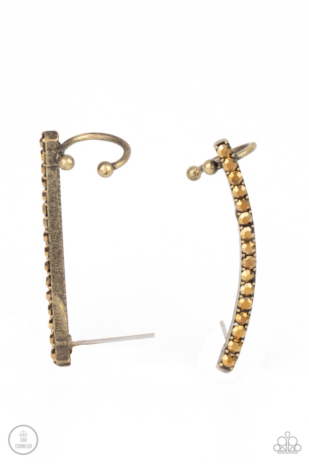 Give Me The SWOOP Brass Post Earring - Paparazzi Accessories  A dainty row of glitzy aurum rhinestones is encrusted along a gritty brass bar that swoops up the ear for a smoldering style. Features a dainty cuff attached to the top for a secure fit.  All Paparazzi Accessories are lead free and nickel free!  Sold as one pair of ear crawlers.