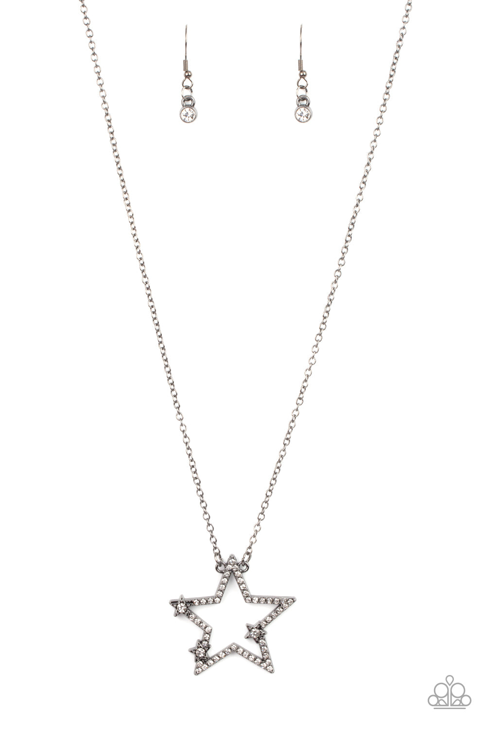 I Pledge Allegiance to the Sparkle Black Necklace - Paparazzi Accessories  Dotted with glassy white rhinestone centers, a dainty trio of gunmetal stars haphazardly dots the front of a white rhinestone encrusted gunmetal star pendant for a stellar patriotic look. Features an adjustable clasp closure.  Sold as one individual necklace. Includes one pair of matching earrings.