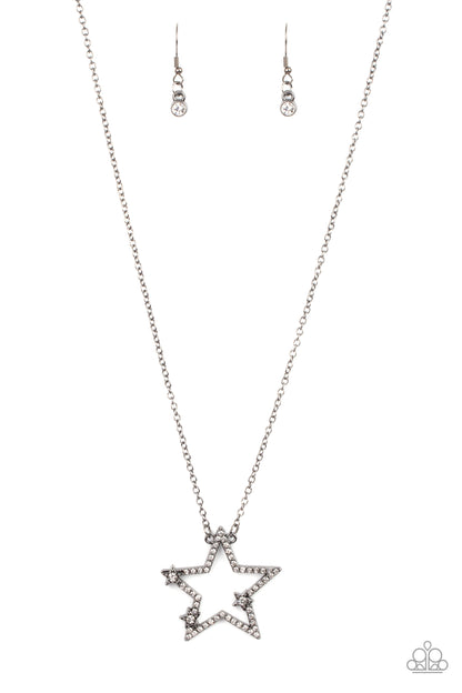 I Pledge Allegiance to the Sparkle Black Necklace - Paparazzi Accessories  Dotted with glassy white rhinestone centers, a dainty trio of gunmetal stars haphazardly dots the front of a white rhinestone encrusted gunmetal star pendant for a stellar patriotic look. Features an adjustable clasp closure.  Sold as one individual necklace. Includes one pair of matching earrings.