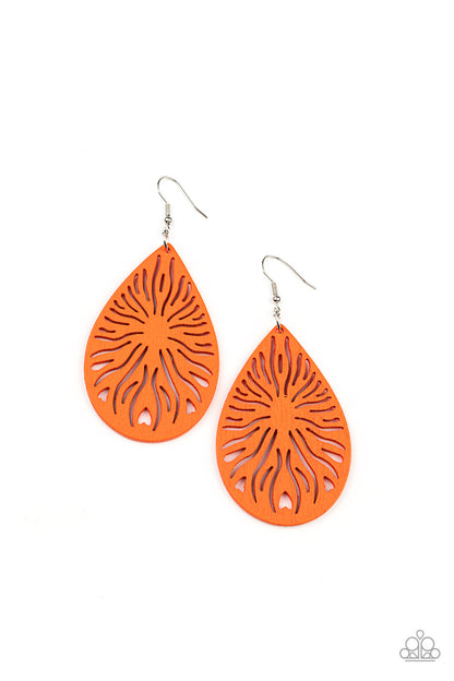 Sunny Incantations Orange Wooden Earring - Paparazzi Accessories  A whimsical sunburst pattern is cutout from an orange wooden teardrop, creating a simply seasonal frame. Earring attaches to a standard fishhook fitting.  Sold as one pair of earrings.