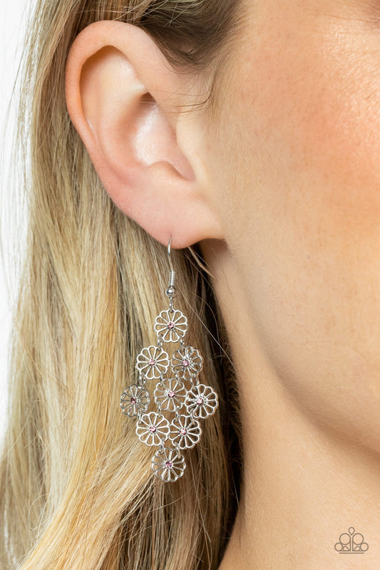 Bustling Blooms - Purple Item #P5WH-PRXX-241XX Dotted with dainty purple rhinestone centers, an airy collection of stenciled silver flowers link into a whimsical floral lure. Earring attaches to a standard fishhook fitting.  Sold as one pair of earrings.