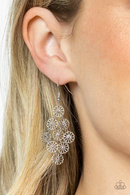 Bustling Blooms - Purple Item #P5WH-PRXX-241XX Dotted with dainty purple rhinestone centers, an airy collection of stenciled silver flowers link into a whimsical floral lure. Earring attaches to a standard fishhook fitting.  Sold as one pair of earrings.