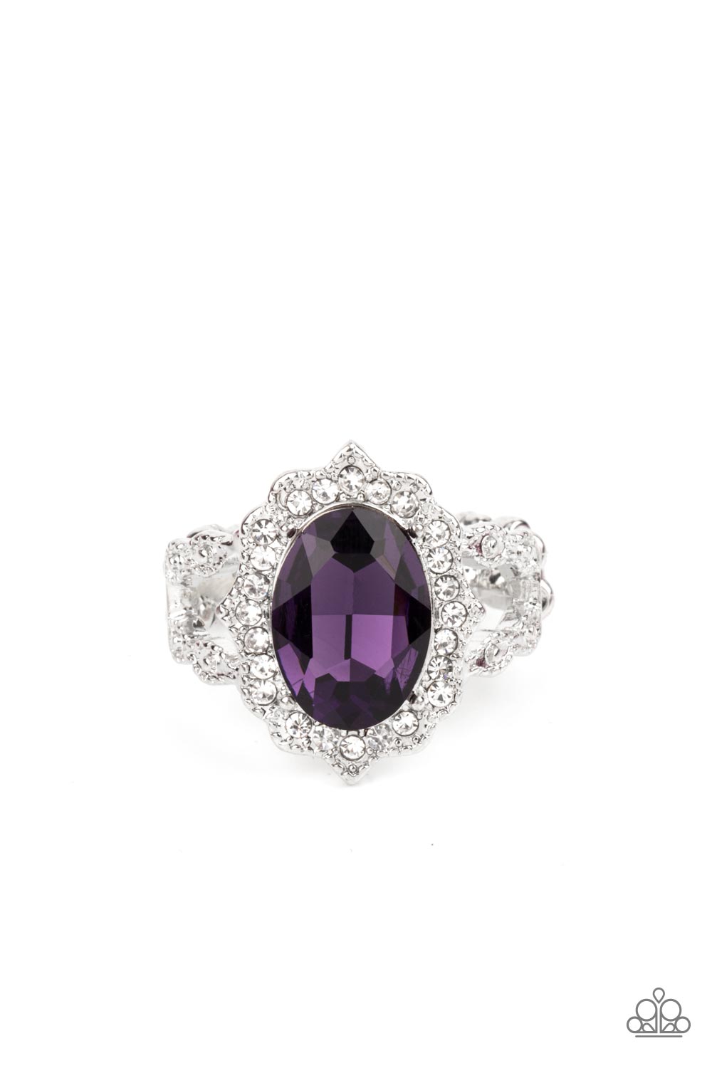 Oval Office Opulence Purple Ring - Paparazzi Accessories  Dotted in dainty white rhinestones, a scalloped silver frame gathers around an oversized purple gem atop ornately studded silver bands for a glitzy look. Features a dainty stretchy band for a flexible fit.  Sold as one individual ring.