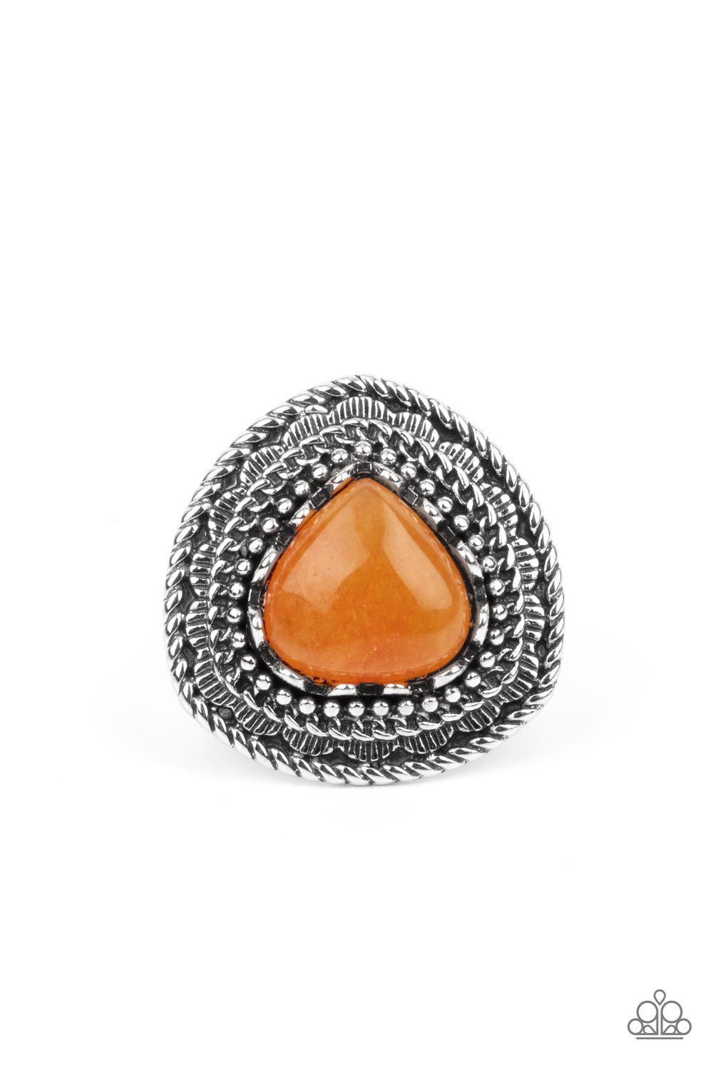 Genuinely Gemstone Orange Ring - Paparazzi Accessories  Layers of spun, studded, textured, and chain-like silver accents stack into an oversized ornate frame atop the finger. Chiseled into a tranquil teardrop, a refreshing orange stone adorns the center of the frame for a colorfully earthy finish. Features a stretchy band for a flexible fit.  Sold as one individual ring.