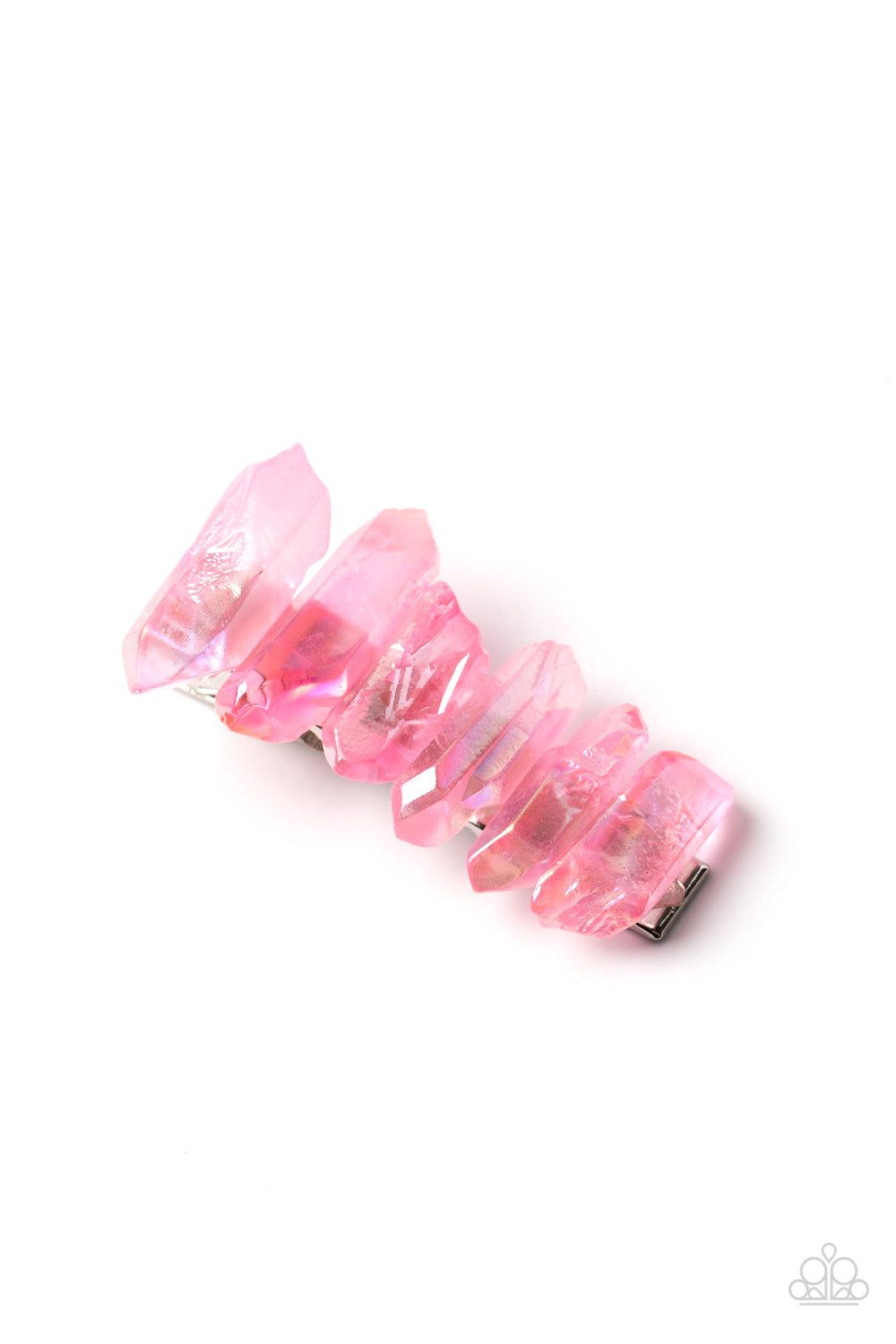 Crystal Caves Pink Hair Clip - Paparazzi Accessories  Raw cut iridescent rose quart crystals stack across the front of a rectangular silver frame, creating an ethereally earthy centerpiece. Features a standard hair clip on the back.  Sold as one individual hair clip.
