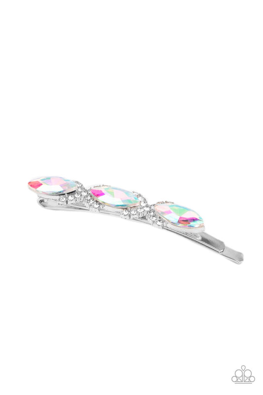 Stellar Socialite Multi Hair Clip - Paparazzi Accessories  Crisscrossed ribbons of glassy white rhinestones separate a trio of shimmery UV marquise cut gems across the front of a classic silver bobby pin for a stellar fashion.  Sold as one individual decorative bobby pin.