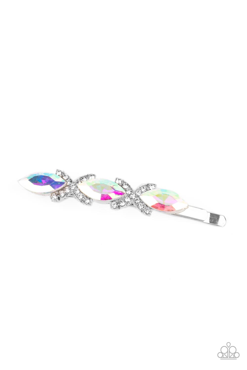 Stellar Socialite Multi Hair Clip - Paparazzi Accessories  Crisscrossed ribbons of glassy white rhinestones separate a trio of shimmery UV marquise cut gems across the front of a classic silver bobby pin for a stellar fashion.  Sold as one individual decorative bobby pin.