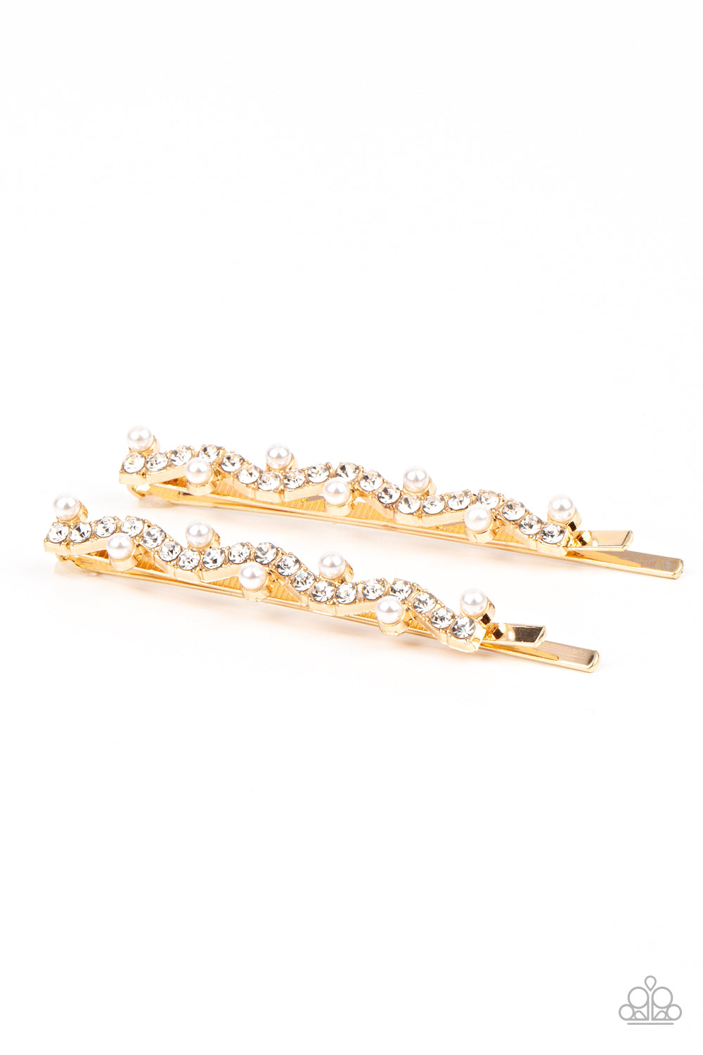 Ballroom Banquet Gold Hair Clip - Paparazzi Accessories  A wavy row of glittery white rhinestones is flanked between dainty white pearls along the front of a gold bobby pin for a refined fashion.  Sold as one pair of decorative bobby pins.