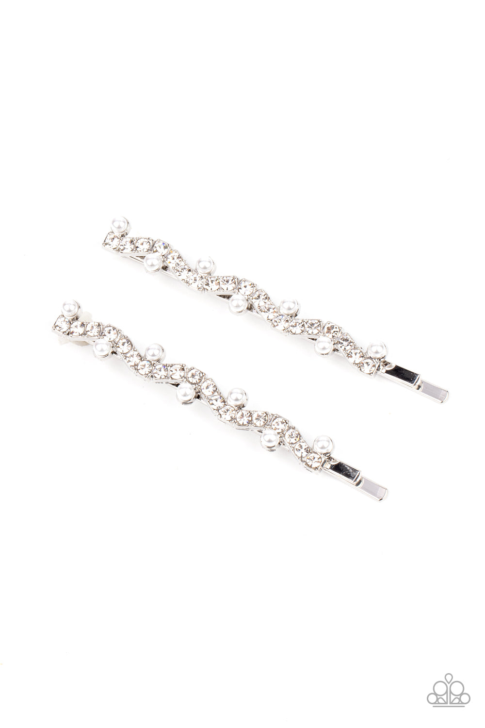 Ballroom Banquet White Hair Clip - Paparazzi Accessories  A wavy row of glittery white rhinestones is flanked between dainty white pearls along the front of a silver bobby pin for a refined fashion.  Sold as one pair of decorative bobby pins.