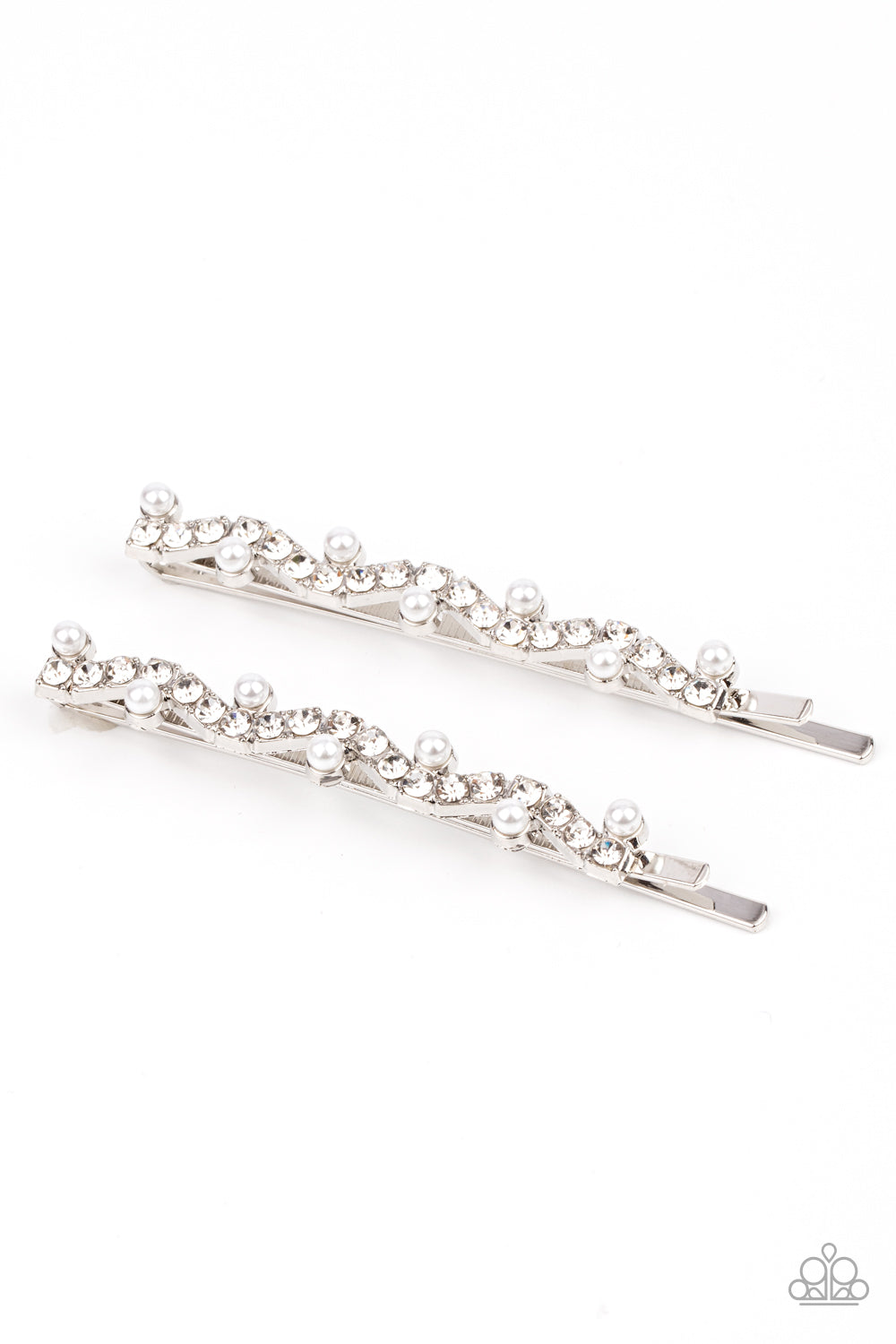 Ballroom Banquet White Hair Clip - Paparazzi Accessories  A wavy row of glittery white rhinestones is flanked between dainty white pearls along the front of a silver bobby pin for a refined fashion.  Sold as one pair of decorative bobby pins.