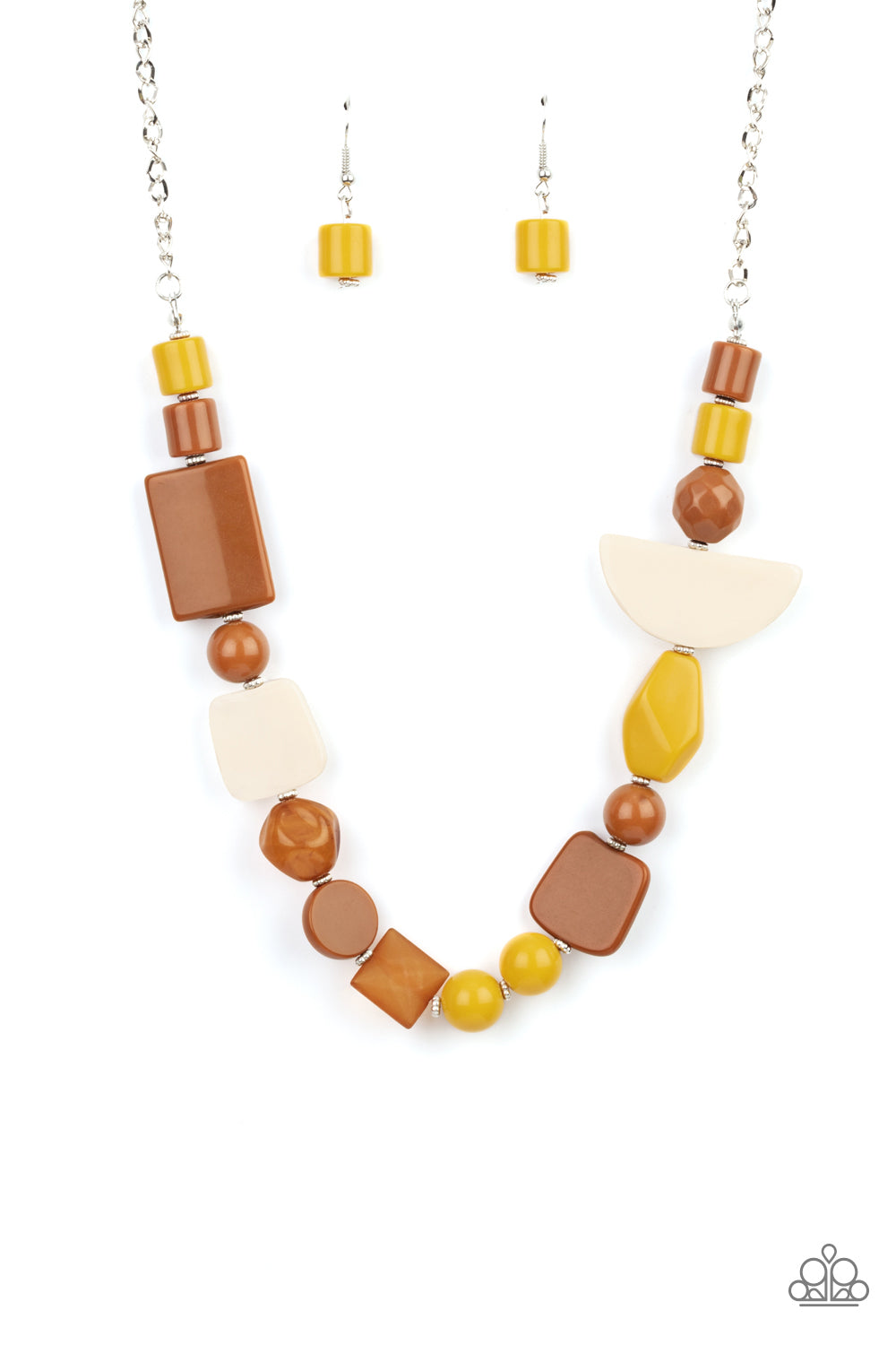 Tranquil Trendsetter Yellow Necklace - Paparazzi Accessories  Featuring the rustic hues of Adobe, Mustard, and Soybean, mismatched acrylic and faux rock beads are haphazardly threaded along an invisible wire below the collar for an abstract artisan vibe. Features an adjustable clasp closure.  All Paparazzi Accessories are lead free and nickel free!  Sold as one individual necklace. Includes one pair of matching earrings.