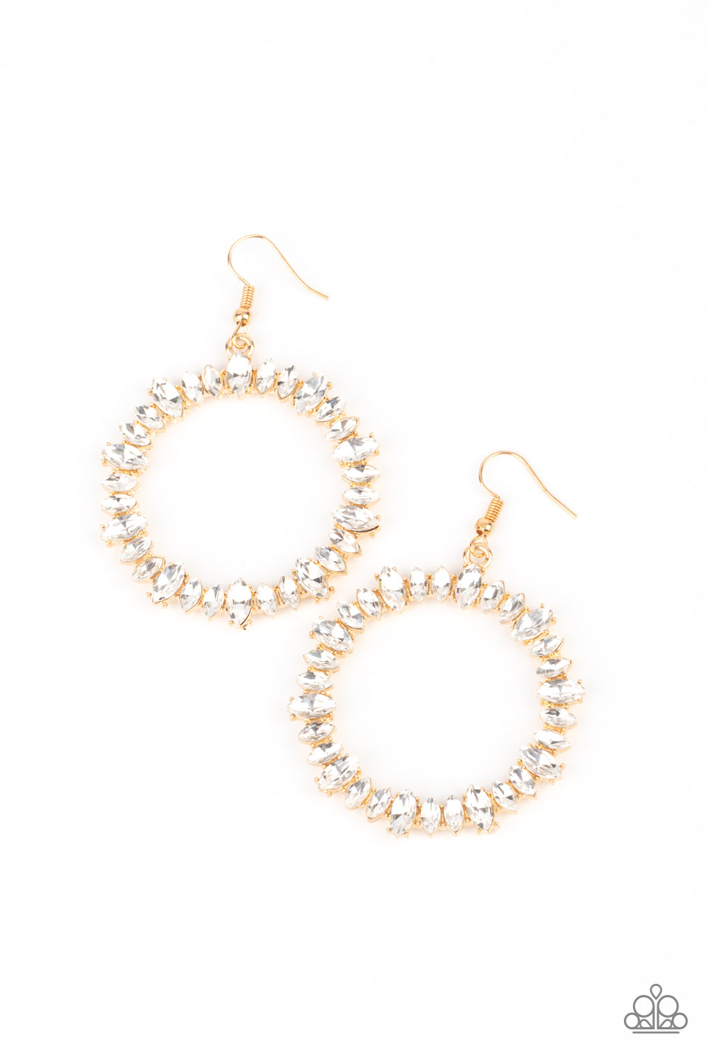 Glowing Reviews Gold Earring - Paparazzi Accessories  Encased in gold pronged fittings, an incandescent array of white marquise cut rhinestones delicately coalesce into a glowing hoop. Earring attaches to a standard fishhook fitting.  All Paparazzi Accessories are lead free and nickel free!  Sold as one pair of earrings.