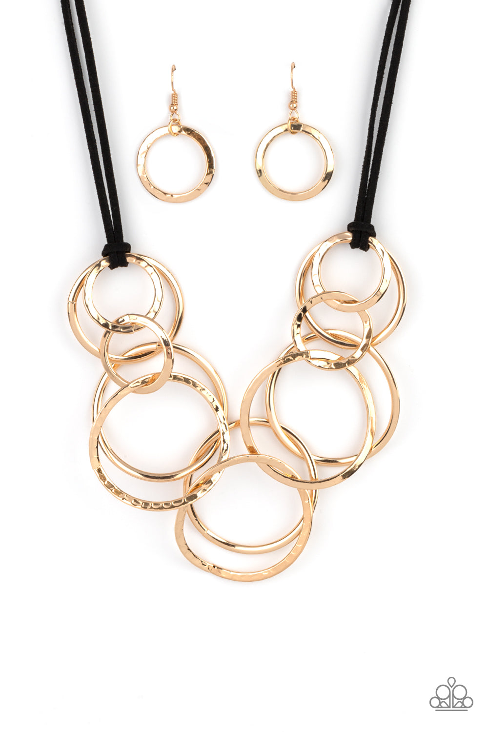 Spiraling Out of COUTURE Gold Necklace - Paparazzi Accessories  Black suede cords knot around a mismatched assortment of hammered gold rings that interlock below the collar, creating two rows of dizzying texture. Features an adjustable clasp closure. Sold as one individual necklace. Includes one pair of matching earrings.  All Paparazzi Accessories are lead free and nickel free!  Sold as one individual necklace. Includes one pair of matching earrings.