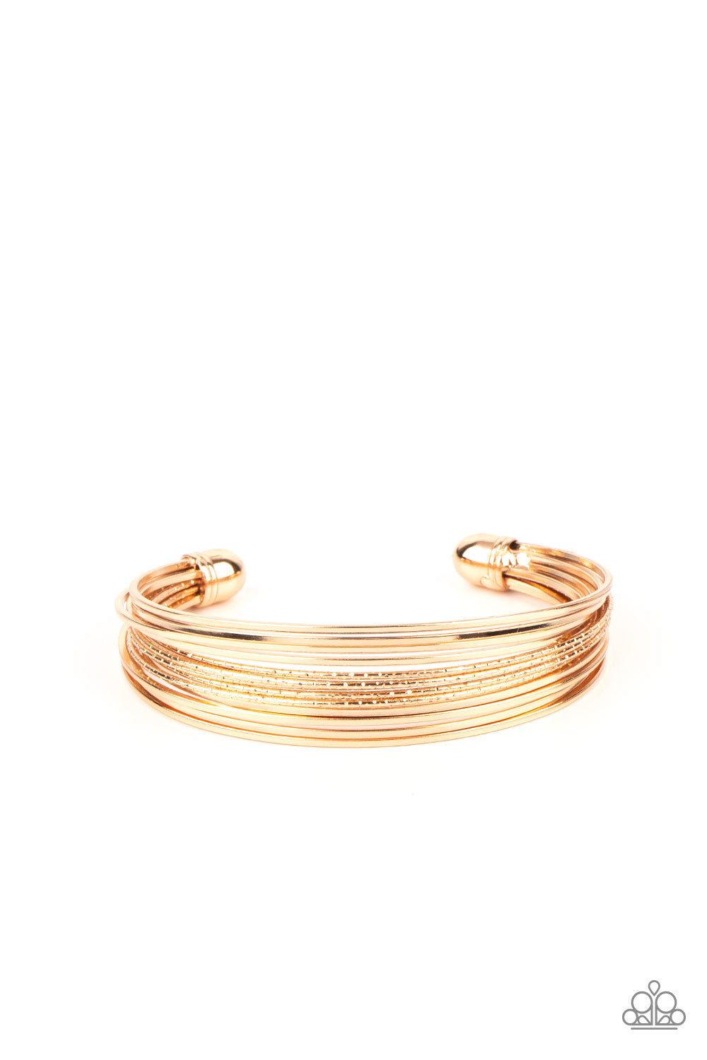 This Girl is on WIRE - Gold Item #P9BA-GDXX-094XX Capped in gold fittings, rows of smooth gold wires flank a section of diamond cut gold wire around the wrist, creating an edgy cuff.  Sold as one individual bracelet.