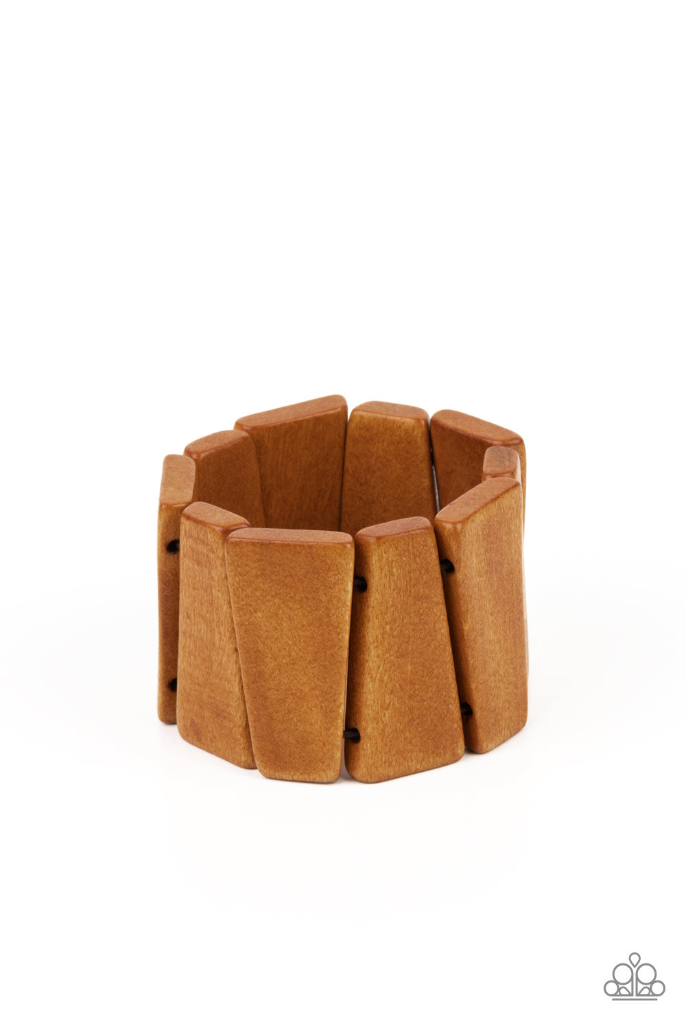 Barbados Backdrop Brown Stretch Bracelet - Paparazzi Accessories  Polished in a natural brown finish, chunky triangular wooden frames are threaded along stretchy bands around the wrist for an earthy look.  Sold as one individual bracelet.