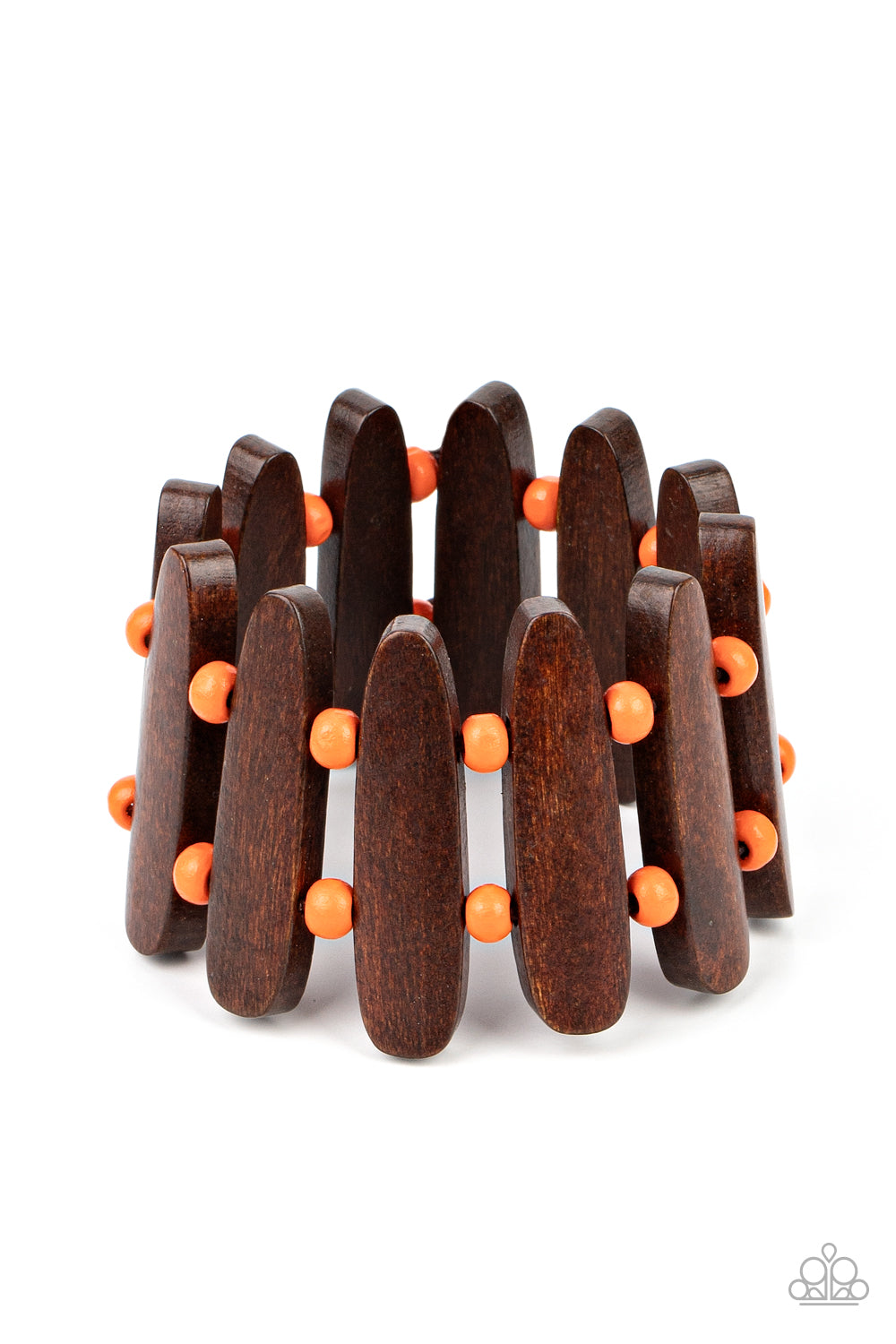 Coronado Cabana Orange Wooden Bracelet - Paparazzi Accessories  Pairs of Burnt Orange wooden beads and oblong brown wooden frames alternate along stretchy bands around the wrist for a seasonal pop of color.  All Paparazzi Accessories are lead free and nickel free!  Sold as one individual bracelet.