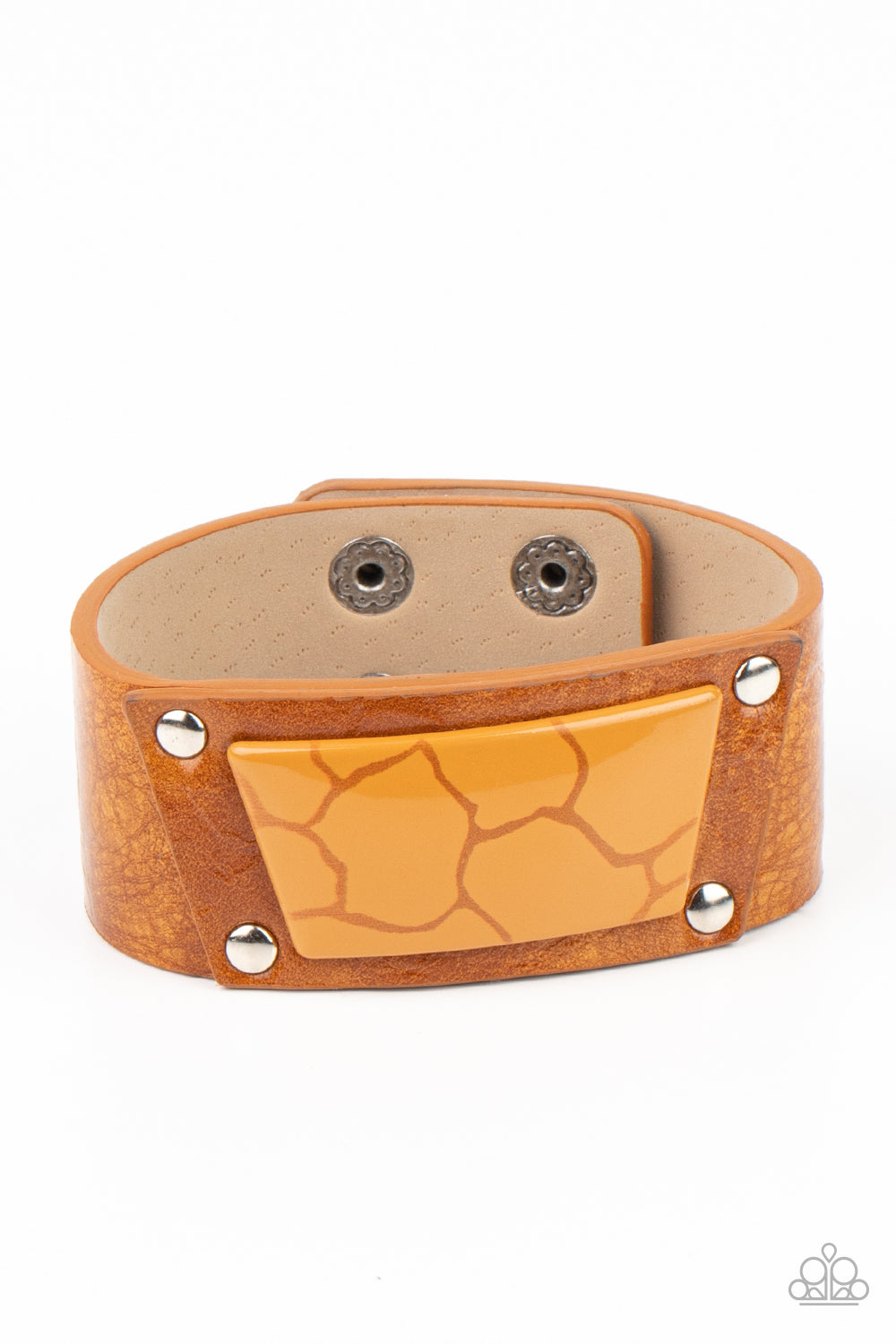 Geo Glamper Brown Wrap Bracelet - Paparazzi Accessories  Featuring a faux marble finish, a brown acrylic centerpiece attaches to a tan leather frame that is studded in place along a distressed tan leather band for a colorfully rustic fashion. Features an adjustable snap closure.  Sold as one individual bracelet.