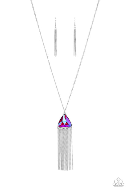 Proudly Prismatic Pink Necklace - Paparazzi Accessories  Featuring a UV shimmer, an oversized pink triangular gem swings from the bottom of a lengthened silver chain. A curtain of silver chains streams out from the bottom of the sparkly pendant, adding playful movement to the glamorous statement piece. Features an adjustable clasp closure.  Sold as one individual necklace. Includes one pair of matching earrings.