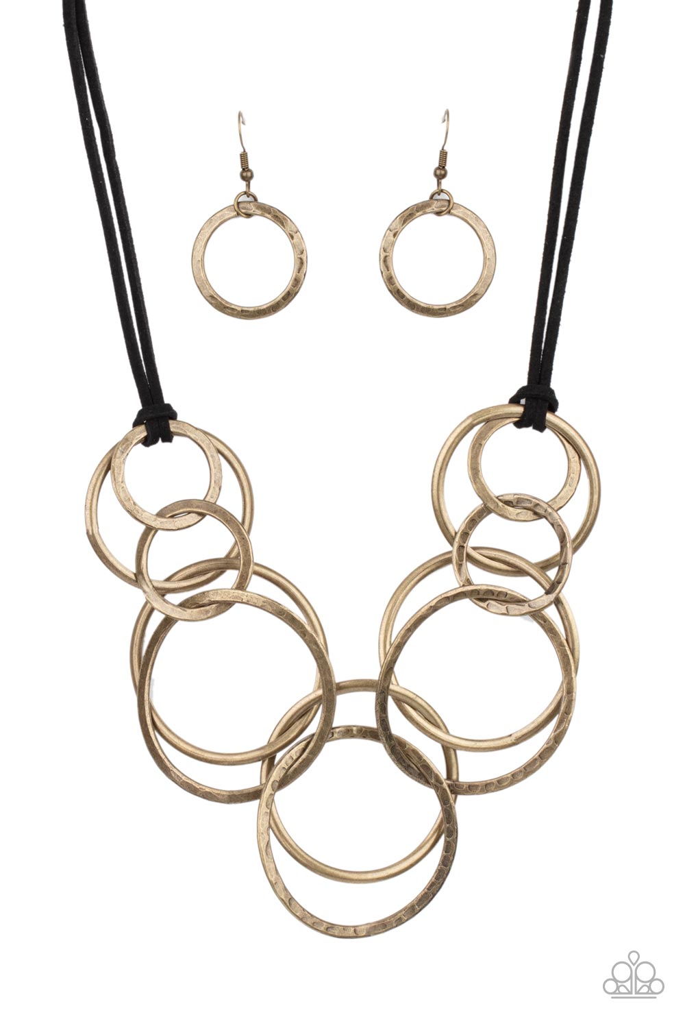 Spiraling Out of COUTURE Brass Necklace - Paparazzi Accessories  Black suede cords knot around a mismatched assortment of hammered rustic brass rings that interlock below the collar, creating two rows of dizzying texture. Features an adjustable clasp closure.  All Paparazzi Accessories are lead free and nickel free!  Sold as one individual necklace. Includes one pair of matching earrings.