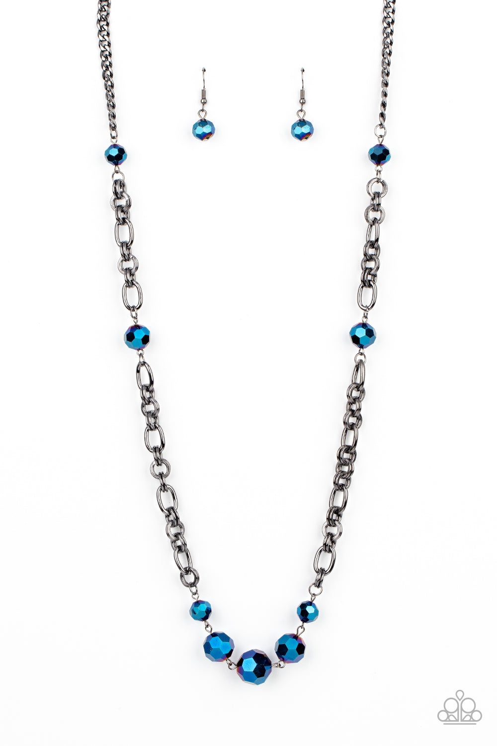 Prismatic Pick-Me-Up Multi Necklace - Paparazzi Accessories  Featuring an oil spill iridescence, faceted metallic blue beads adorn sections of chunky gunmetal chains across the chest for a gritty glamorous fashion. Features an adjustable clasp closure.  Sold as one individual necklace. Includes one pair of matching earrings.