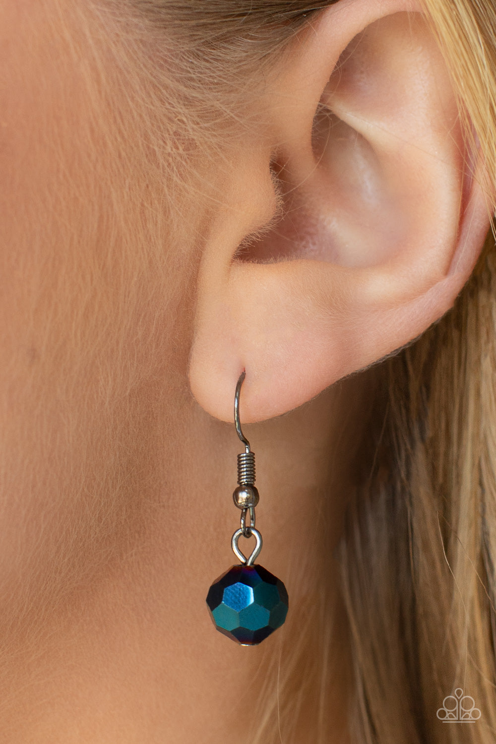 Prismatic Pick-Me-Up Multi Necklace - Paparazzi Accessories  Featuring an oil spill iridescence, faceted metallic blue beads adorn sections of chunky gunmetal chains across the chest for a gritty glamorous fashion. Features an adjustable clasp closure.  Sold as one individual necklace. Includes one pair of matching earrings.