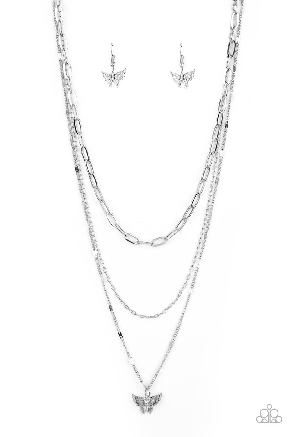 Bountiful Butterflies White Necklace - Paparazzi Accessories  Dotted with a dainty white rhinestone, a decoratively layered silver butterfly swings from the bottom of a display of mismatched silver chains for a whimsically fluttering fashion. Features an adjustable clasp closure.  Sold as one individual necklace. Includes one pair of matching earrings.