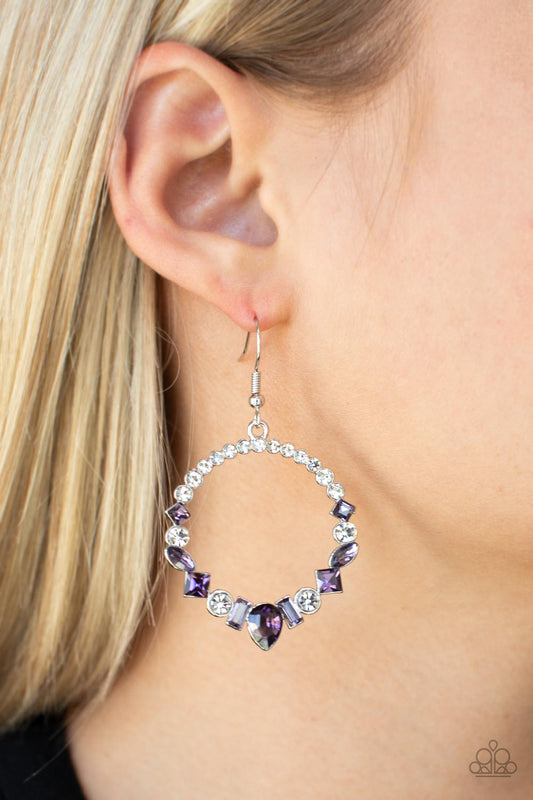 Revolutionary Refinement Purple Earring - Paparazzi Accessories  The bottom of a white rhinestone encrusted silver hoop is dotted in an intermix of classic white rhinestones and marquise and square cut purple gems, resulting in a glamorous hoop. Earring attaches to a standard fishhook fitting.  Sold as one pair of earrings.  P5RE-PRXX-175XX