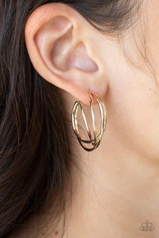 City Contour Gold Hoop Earring - Paparazzi Accessories  Glistening gold bars delicately overlap into a 3-dimensional frame, creating a dramatic hoop. Earring attaches to a standard post fitting. Hoop measures approximately 1" in diameter.  Sold as one pair of hoop earrings.