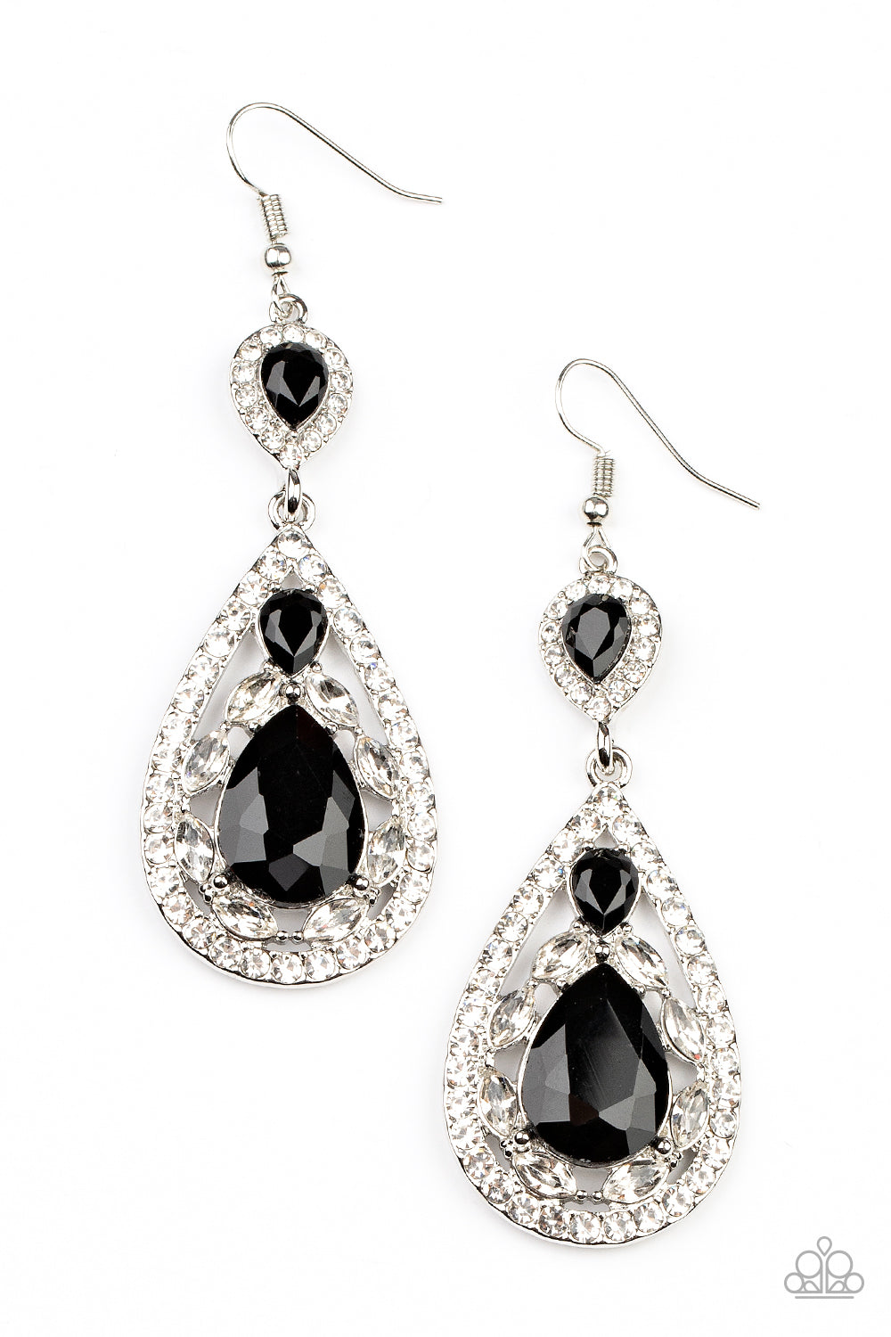 Posh Pageantry Black Earring - Paparazzi Accessories  Three teardrop black rhinestones adorn white rhinestone encrusted silver frames that link into an elegant teardrop lure for a flawless fashion. Earring attaches to a standard fishhook fitting.  Sold as one pair of earrings.