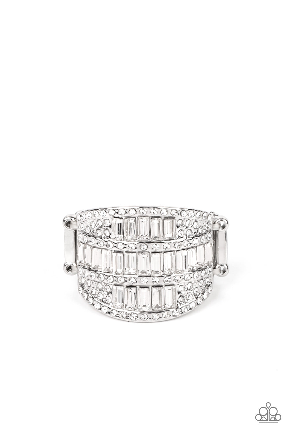Red Carpet Redux White Ring - Paparazzi Accessories  The front of a silver oval frame is encrusted in stacked rows of emerald and round cut white rhinestones, coalescing into a blinding centerpiece atop the finger. Features a stretchy band for a flexible fit.  Sold as one individual ring.