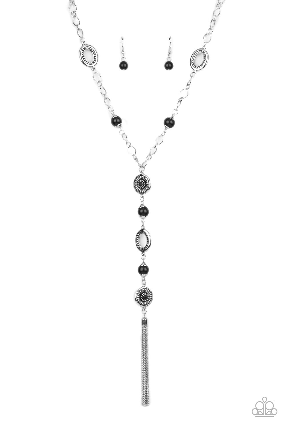The Natural Order - Black Item #P2SE-BKXX-304XX Dotted with dainty black stone centers, silver floral frames join mismatched silver accents and earthy black stones along an extended tassel that connects to sections of chunky silver chain. A shimmery silver chain tassel dances from the bottom of the display, adding whimsical movement to the free-spirited design. Features an adjustable clasp closure.  Sold as one individual necklace. Includes one pair of matching earrings.