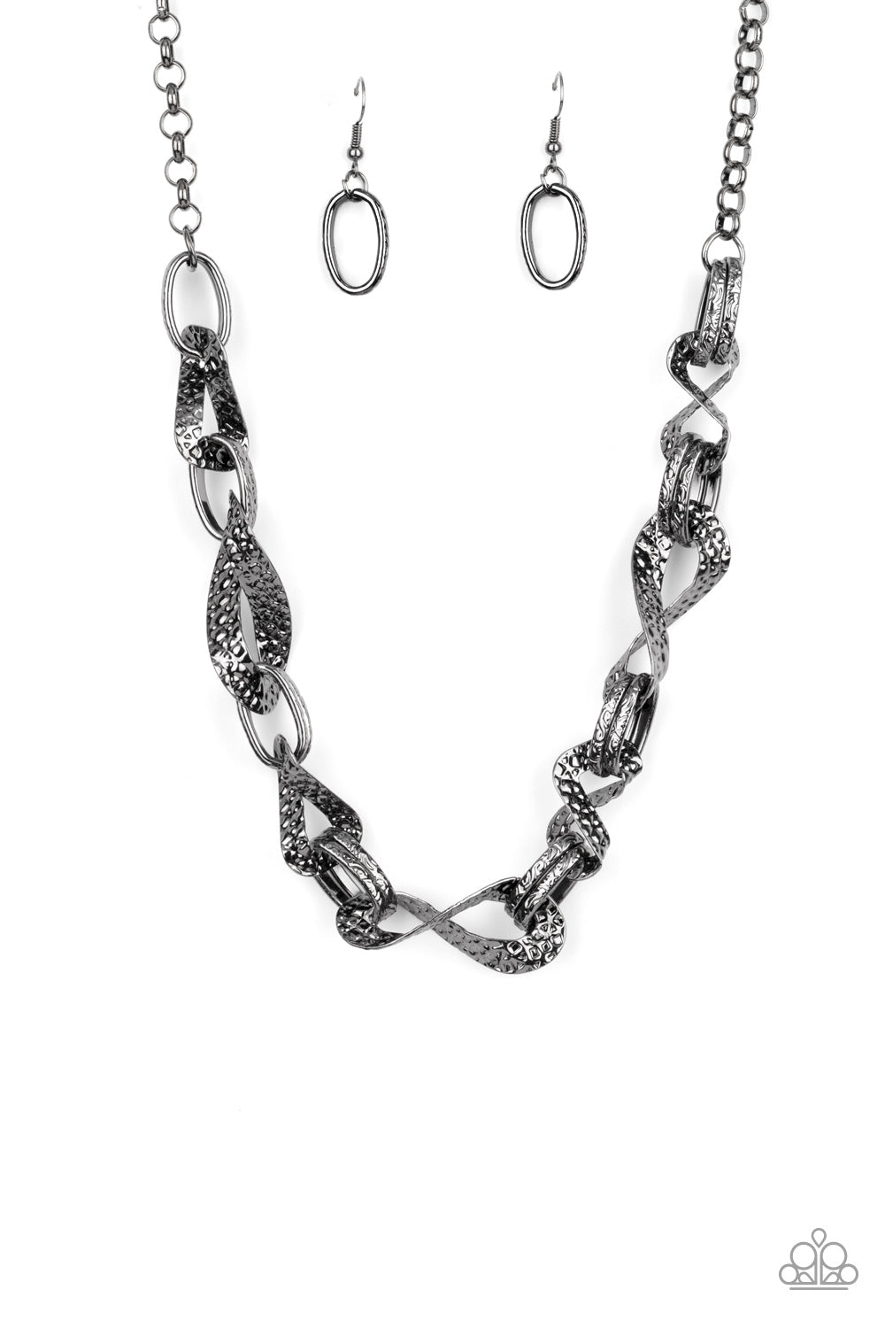 METAL of Honor Black Necklace - Paparazzi Accessories  Hammered and embossed in geometric detail, pairs of gunmetal links connect with twisting gunmetal oval fames below the collar for an edgy, but refined look. Features an adjustable clasp closure.  Sold as one individual necklace. Includes one pair of matching earrings.