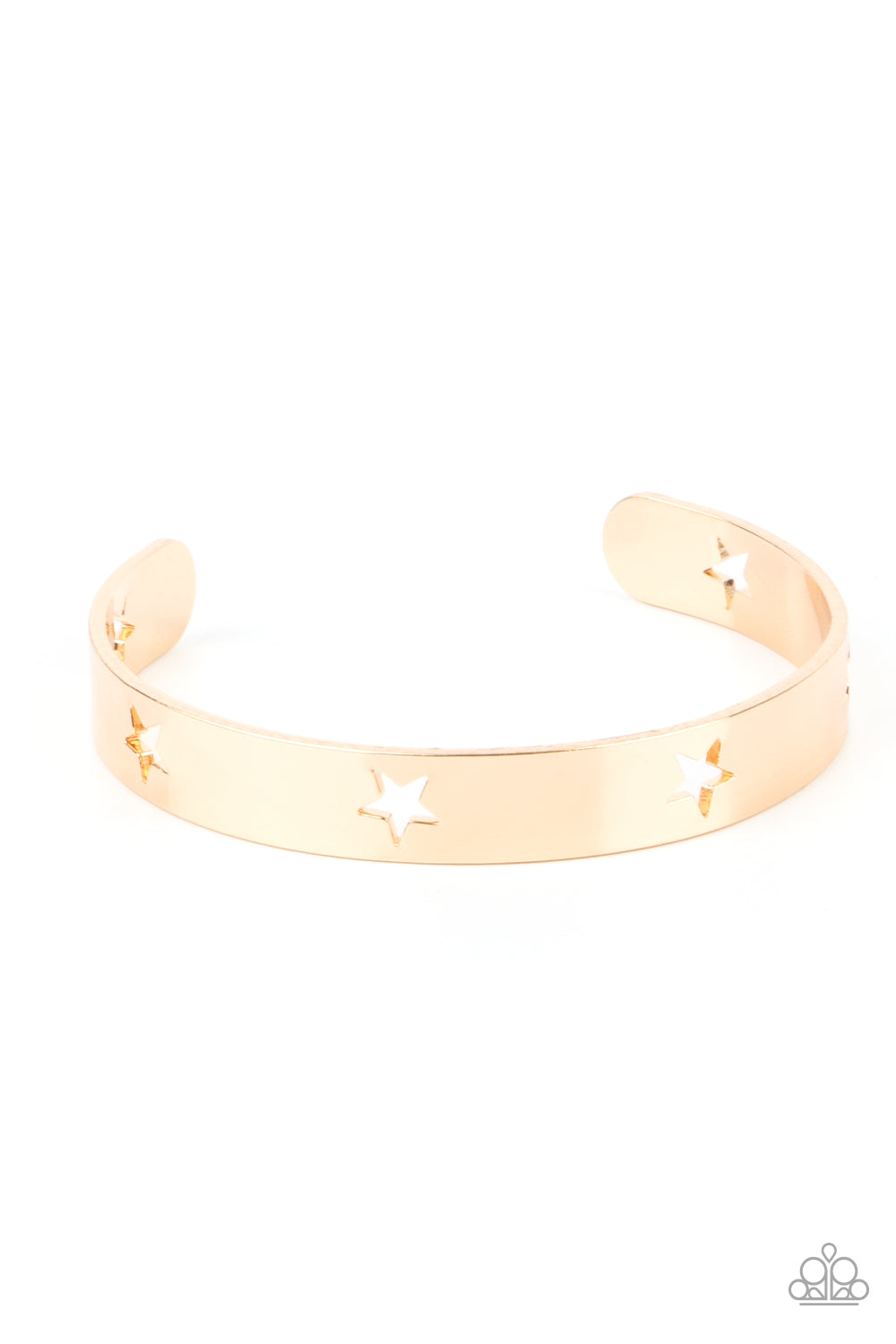 American Girl Glamour Gold Cuff Bracelet - Paparazzi Accessories  Airy gold stars are cutout along a classic gold cuff, creating a stellar centerpiece around the wrist.  Sold as one individual bracelet.