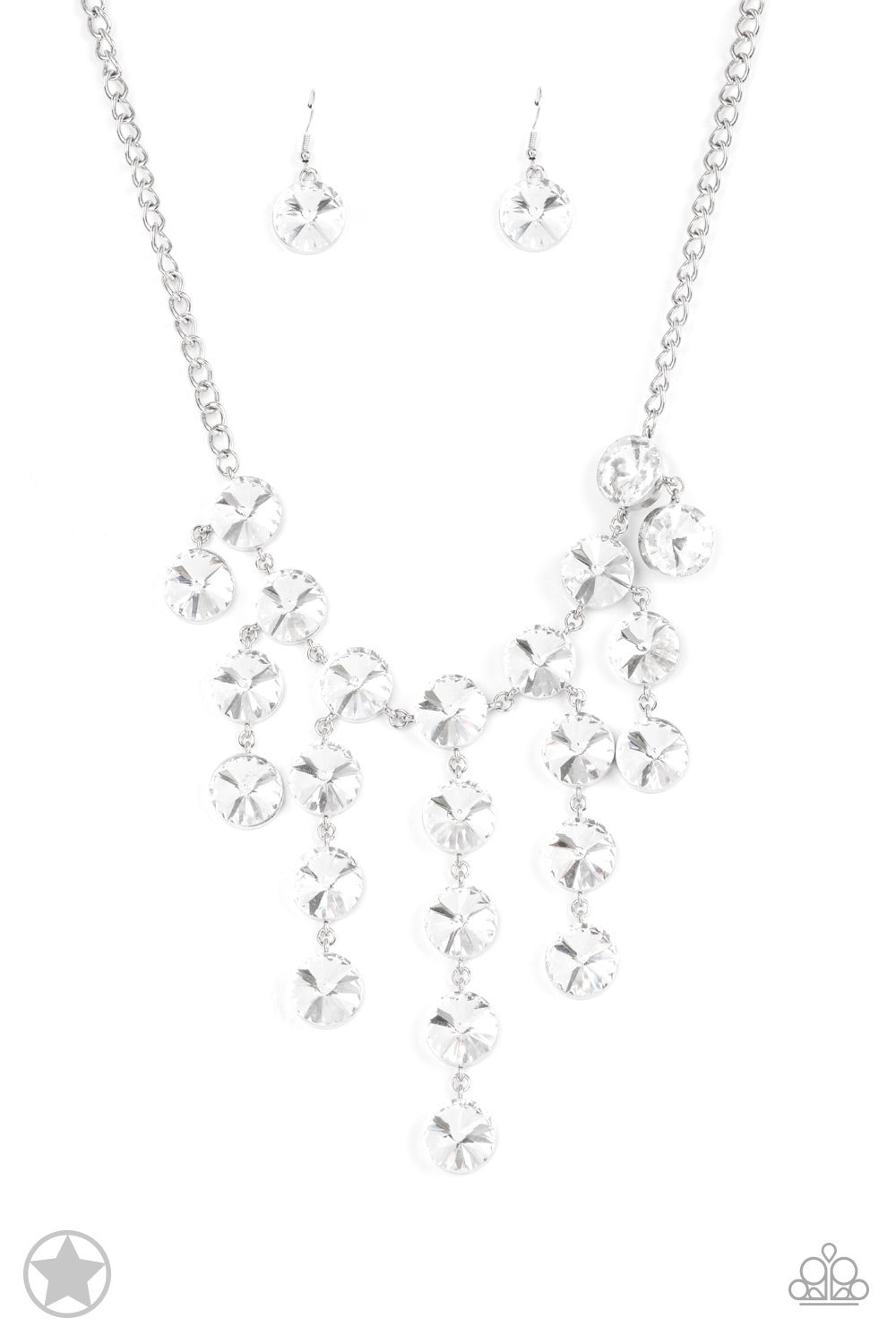 Spotlight Stunner Blockbuster Necklace - Paparazzi Accessories  Encased in sleek silver fittings, dramatically oversized white rhinestones delicately link into twinkly tassels that taper off into a jaw-dropping fringe below the collar. Features an adjustable clasp closure.  All Paparazzi Accessories are lead free and nickel free!  Sold as one individual necklace. Includes one pair of matching earrings.