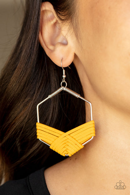 Suede Solstice Yellow Earring - Paparazzi Accessories  Strands of yellow suede decoratively weaves around the bottom of a hexagonal silver frame, creating a colorfully rustic centerpiece. Earring attaches to a standard fishhook fitting.  Sold as one pair of earrings.